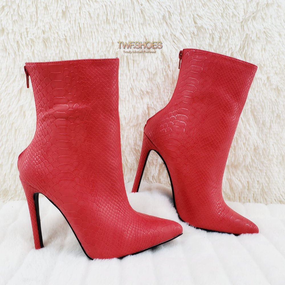 Red Snake Texture Pointy Toe High Heel Ankle Boots